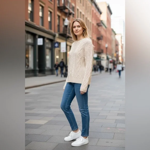 NWT J CREW Cotton Cable-knit Crewneck Sweater, size Medium color, Natural - Picture 2 of 7